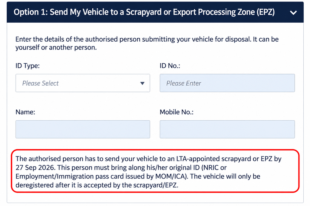 OneMotoring form for entering authorised person details for vehicle disposal