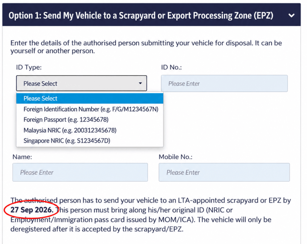 OneMotoring instructions for sending a deregistered vehicle to a scrapyard or export processing zone