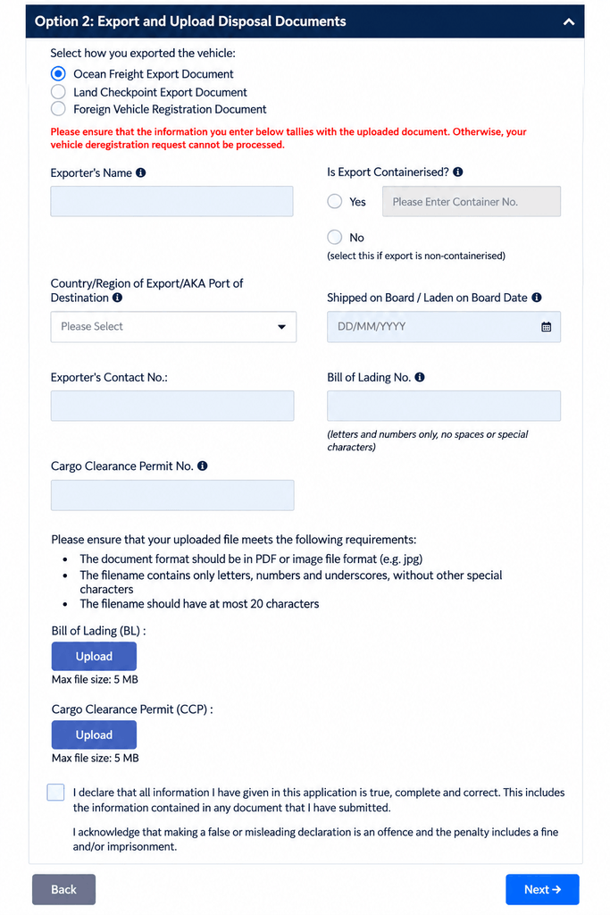 OneMotoring form for entering vehicle export and disposal document details