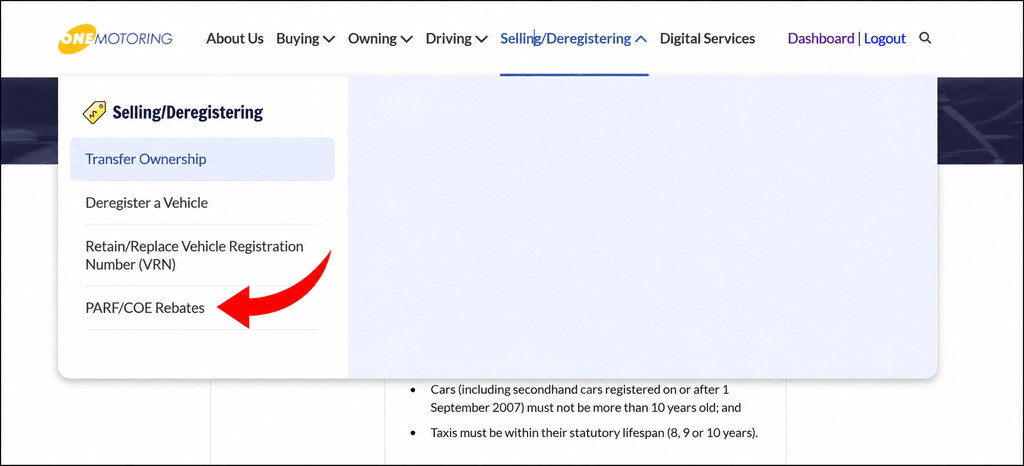 OneMotoring Selling/Deregistering menu showing PARF and COE rebate services