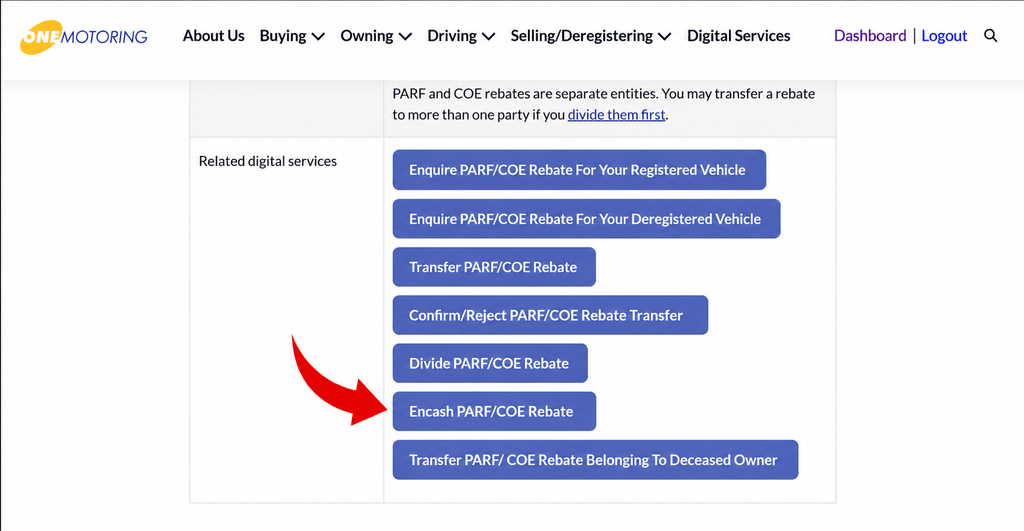 OneMotoring page showing the Encash PARF/COE Rebate option