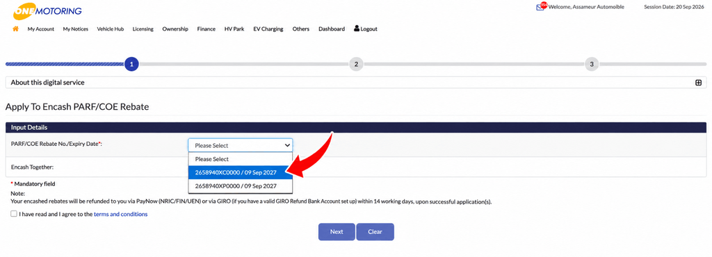 OneMotoring form for selecting PARF and COE rebates to encash together