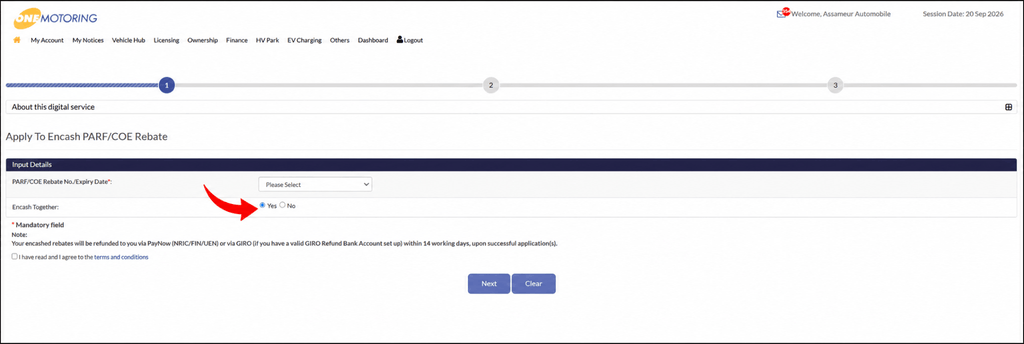 OneMotoring PARF and COE rebate encashment terms and conditions page