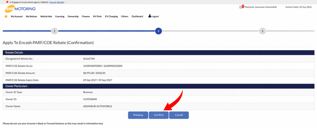 OneMotoring confirmation page for encashing PARF and COE rebates