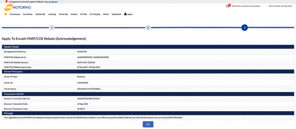 OneMotoring OTP verification page for submitting a PARF and COE rebate encashment application