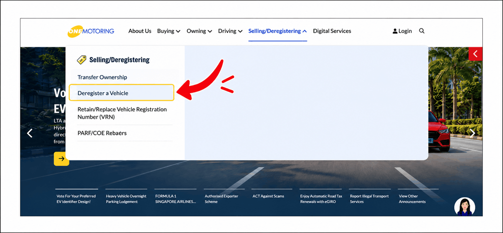 OneMotoring menu showing the Selling/Deregistering section