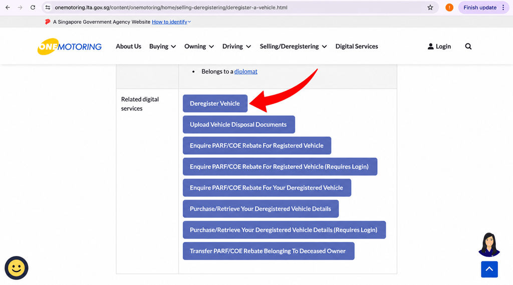 OneMotoring page showing the Deregister a Vehicle service