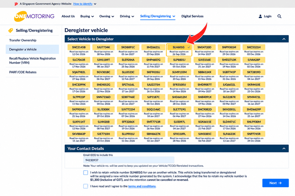 OneMotoring page showing the Deregister a Vehicle service