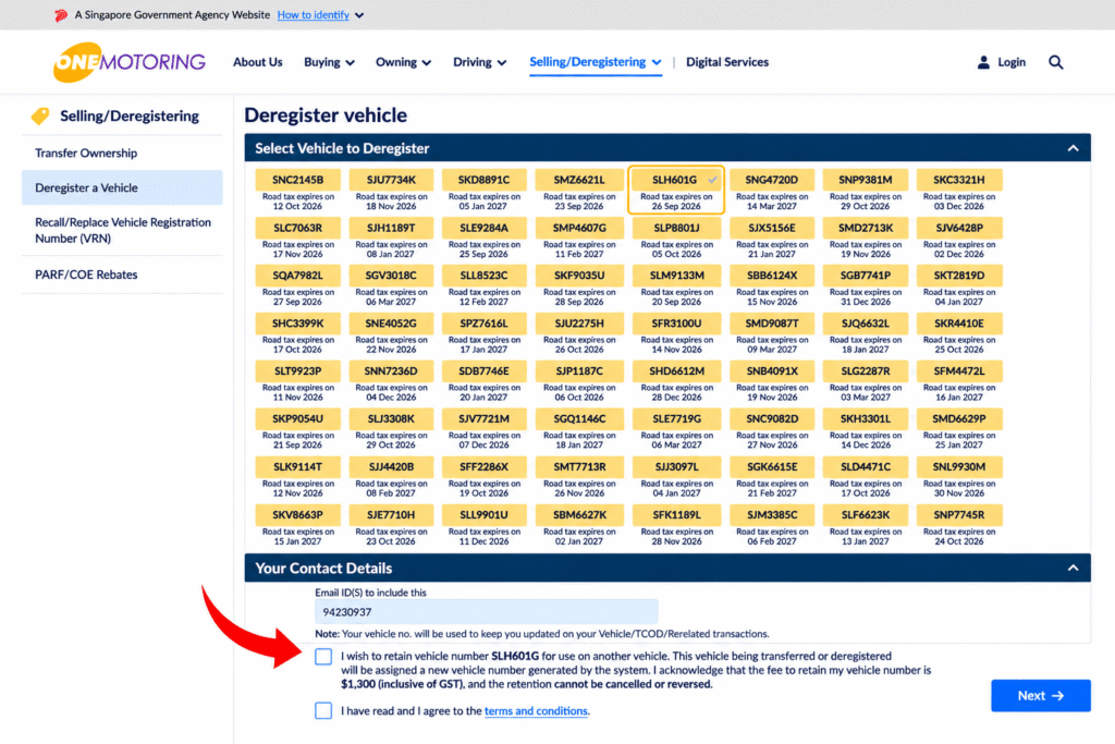 OneMotoring option to retain a vehicle registration number during deregistration