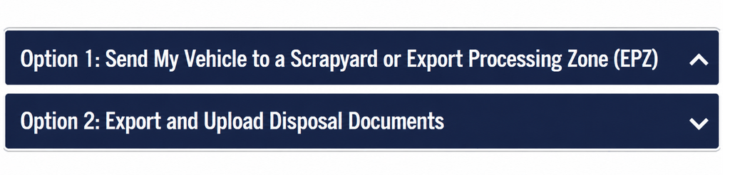 OneMotoring page showing vehicle disposal options for scrapping or exporting